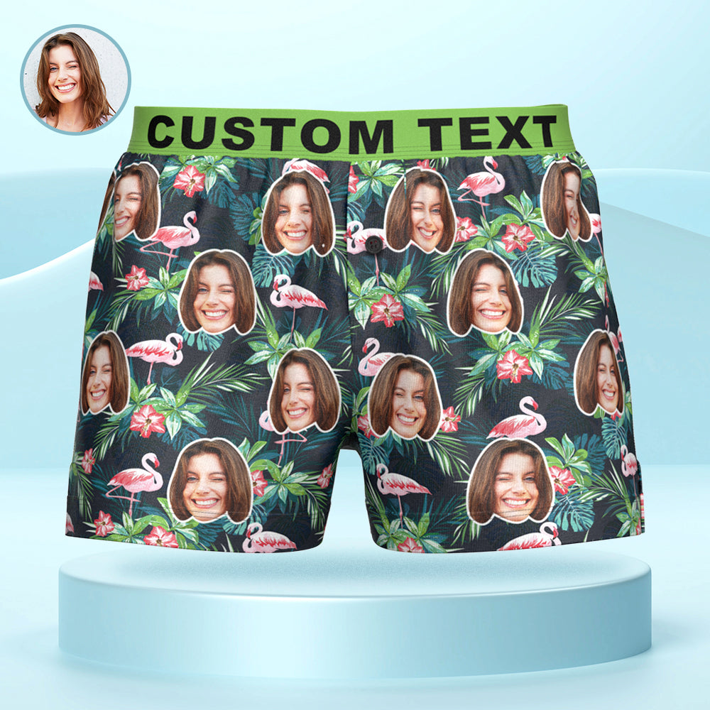 Custom Face Colorful Flamingo Boxer Shorts Personalized Waistband Casual Underwear for Him - MyFaceBoxerAU