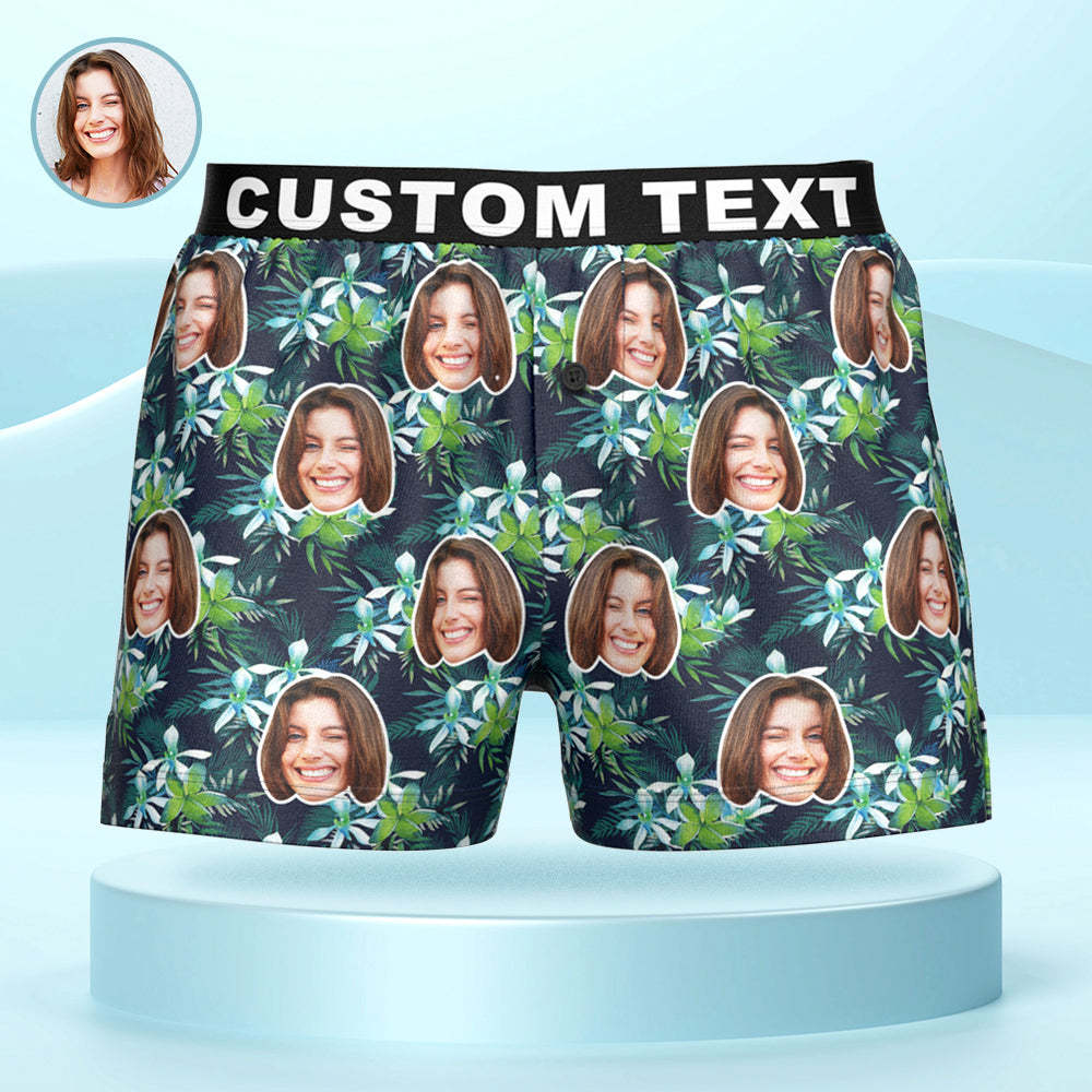 Custom Face Flowers and Leaves Design Boxer Shorts Personalized Waistband Casual Underwear for Him - MyFaceBoxerAU