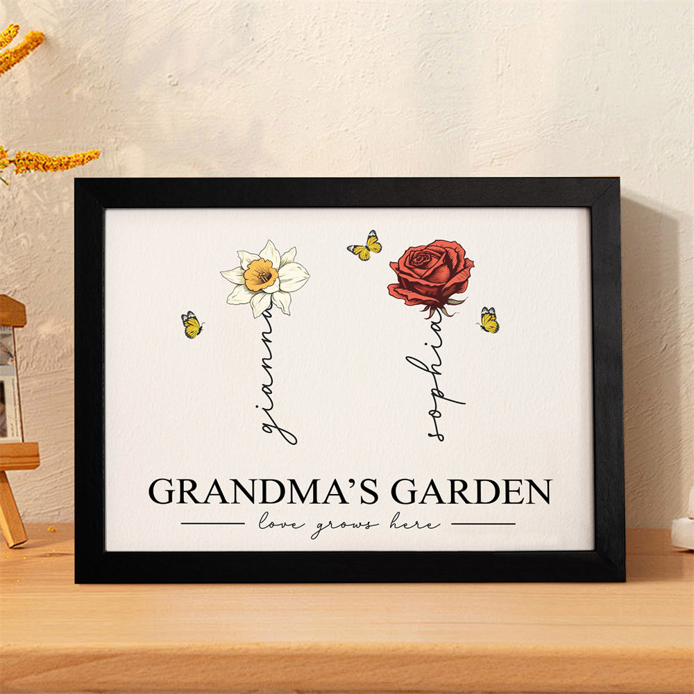 Custom Birth Month Flowers Garden With Grandkids Names Love Grows Here Personalized Wooden Photo Frame Mother's Day Gift