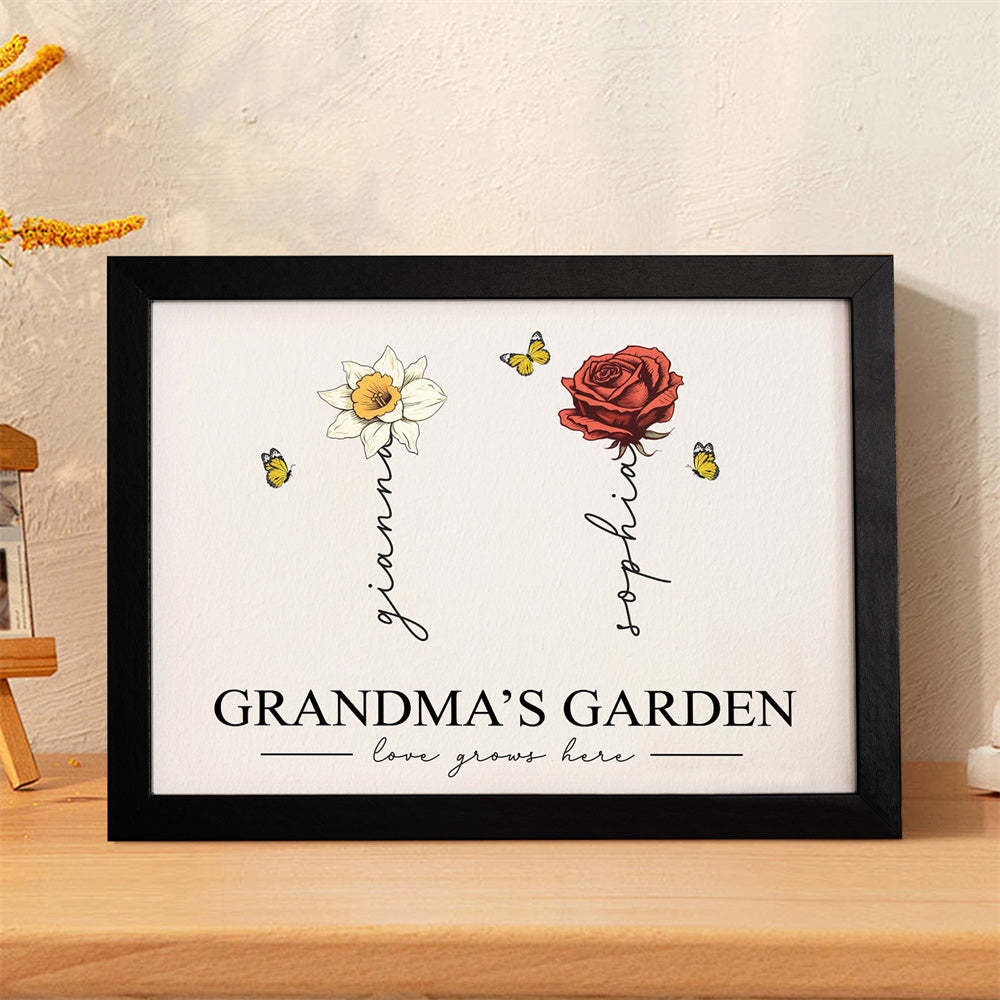 Custom Birth Month Flowers Garden With Grandkids Names Love Grows Here Personalized Wooden Photo Frame Mother's Day Gift - MyFaceBoxer