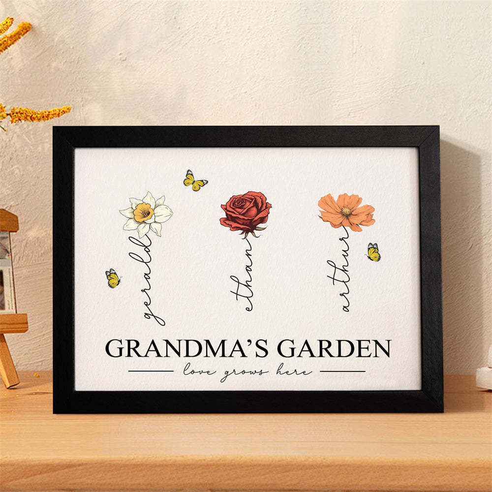 Custom Birth Month Flowers Garden With Grandkids Names Love Grows Here Personalized Wooden Photo Frame Mother's Day Gift - MyFaceBoxer