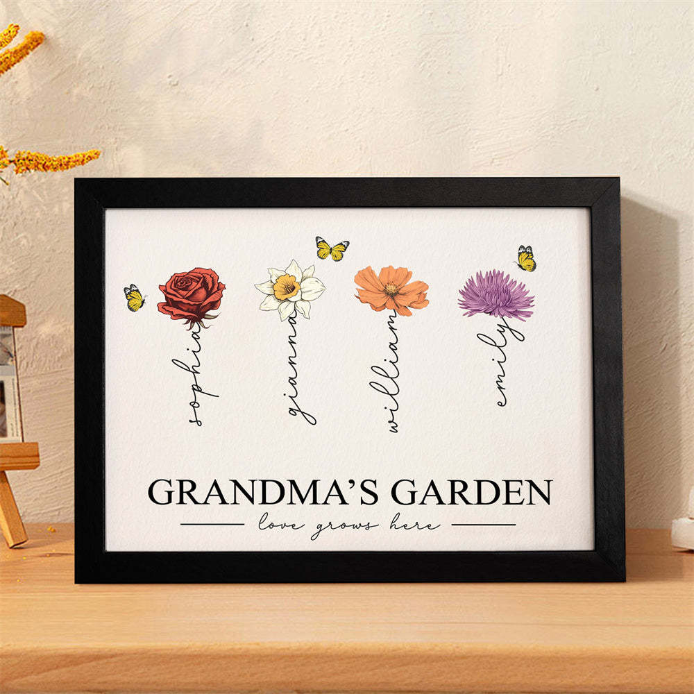 Custom Birth Month Flowers Garden With Grandkids Names Love Grows Here Personalized Wooden Photo Frame Mother's Day Gift - MyFaceBoxer