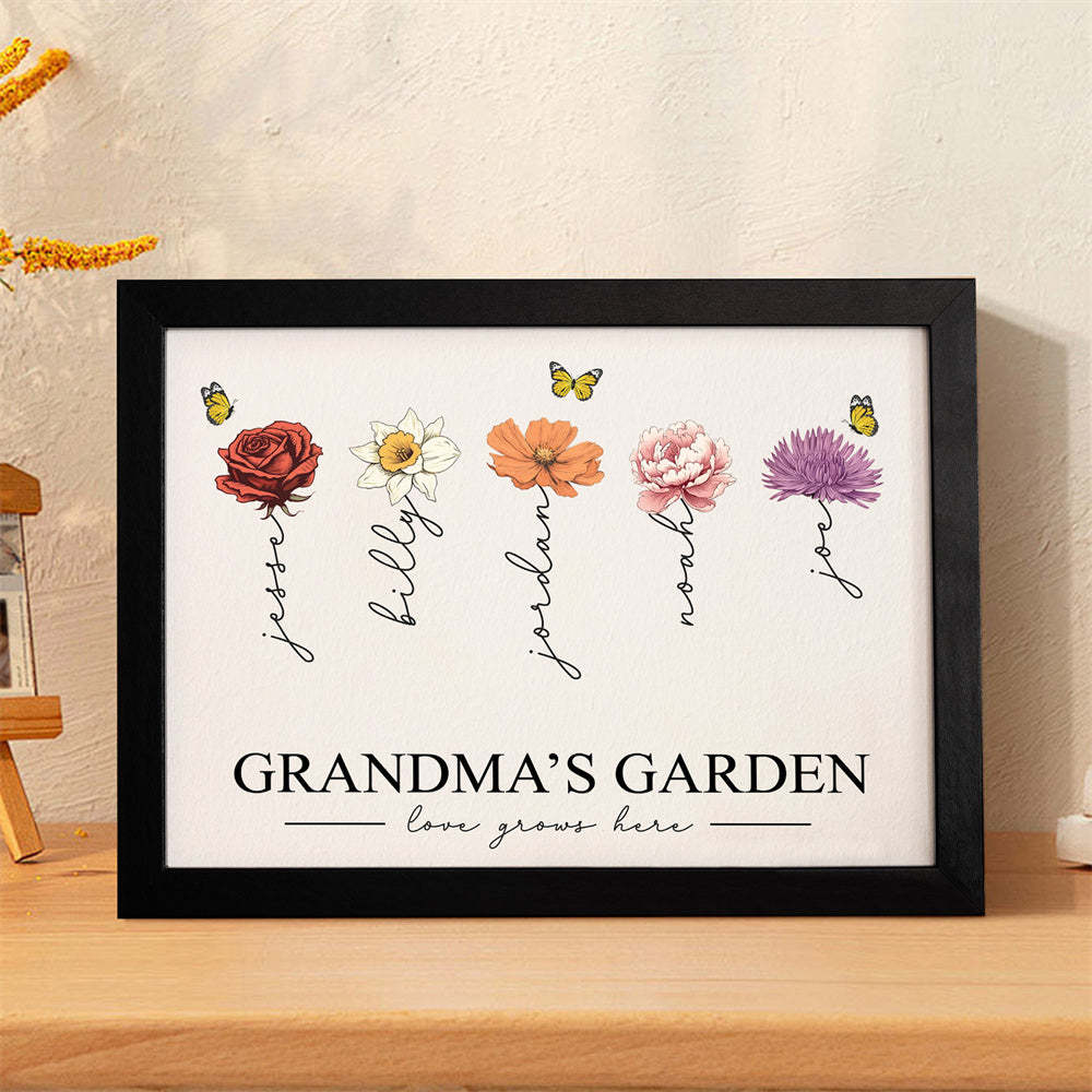 Custom Birth Month Flowers Garden With Grandkids Names Love Grows Here Personalized Wooden Photo Frame Mother's Day Gift - MyFaceBoxer
