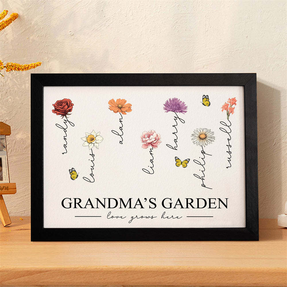Custom Birth Month Flowers Garden With Grandkids Names Love Grows Here Personalized Wooden Photo Frame Mother's Day Gift - MyFaceBoxer