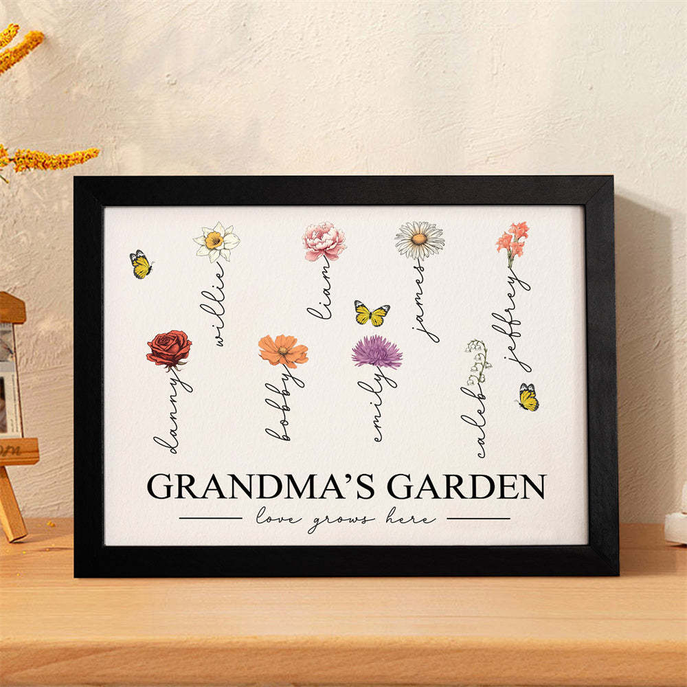 Custom Birth Month Flowers Garden With Grandkids Names Love Grows Here Personalized Wooden Photo Frame Mother's Day Gift - MyFaceBoxer