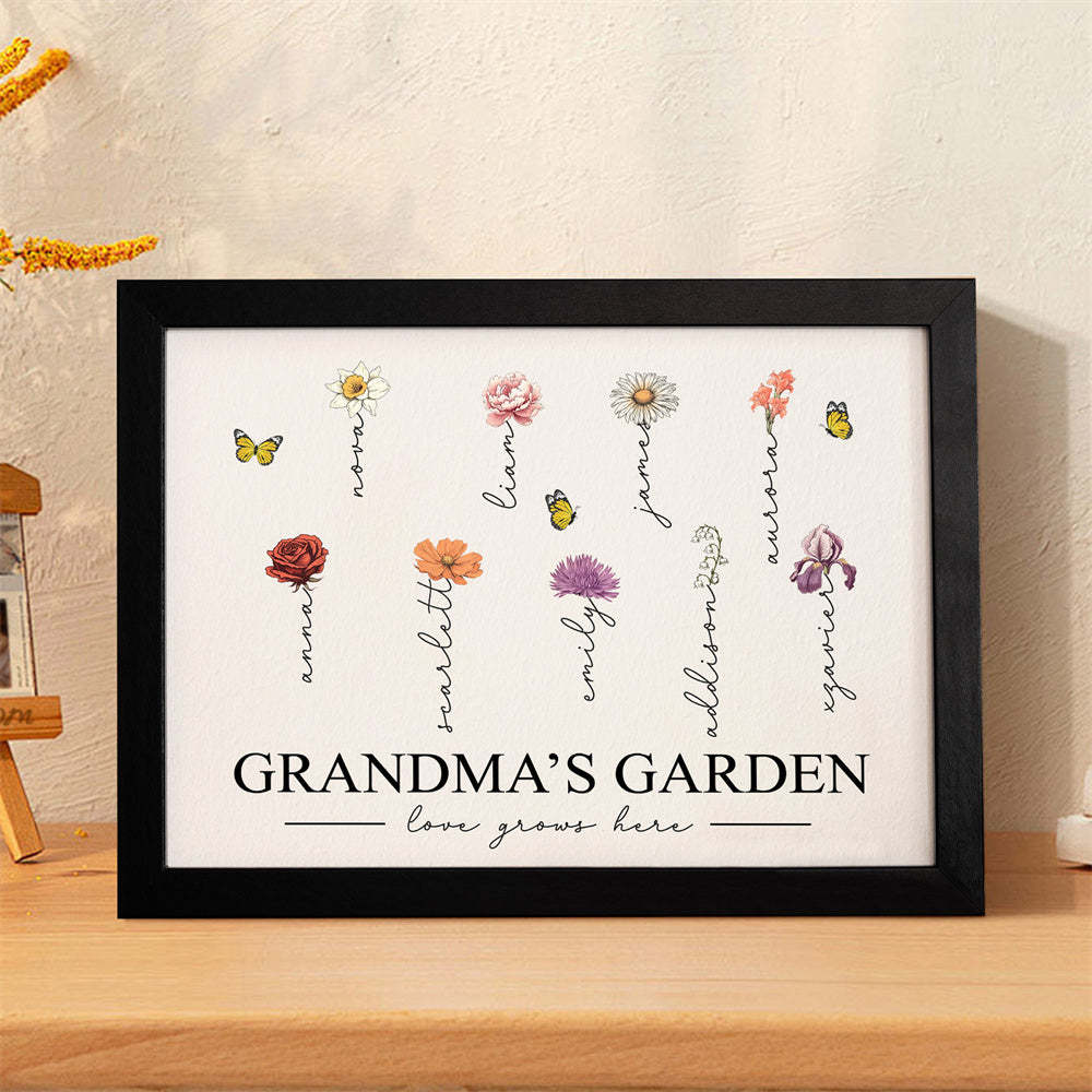 Custom Birth Month Flowers Garden With Grandkids Names Love Grows Here Personalized Wooden Photo Frame Mother's Day Gift - MyFaceBoxer