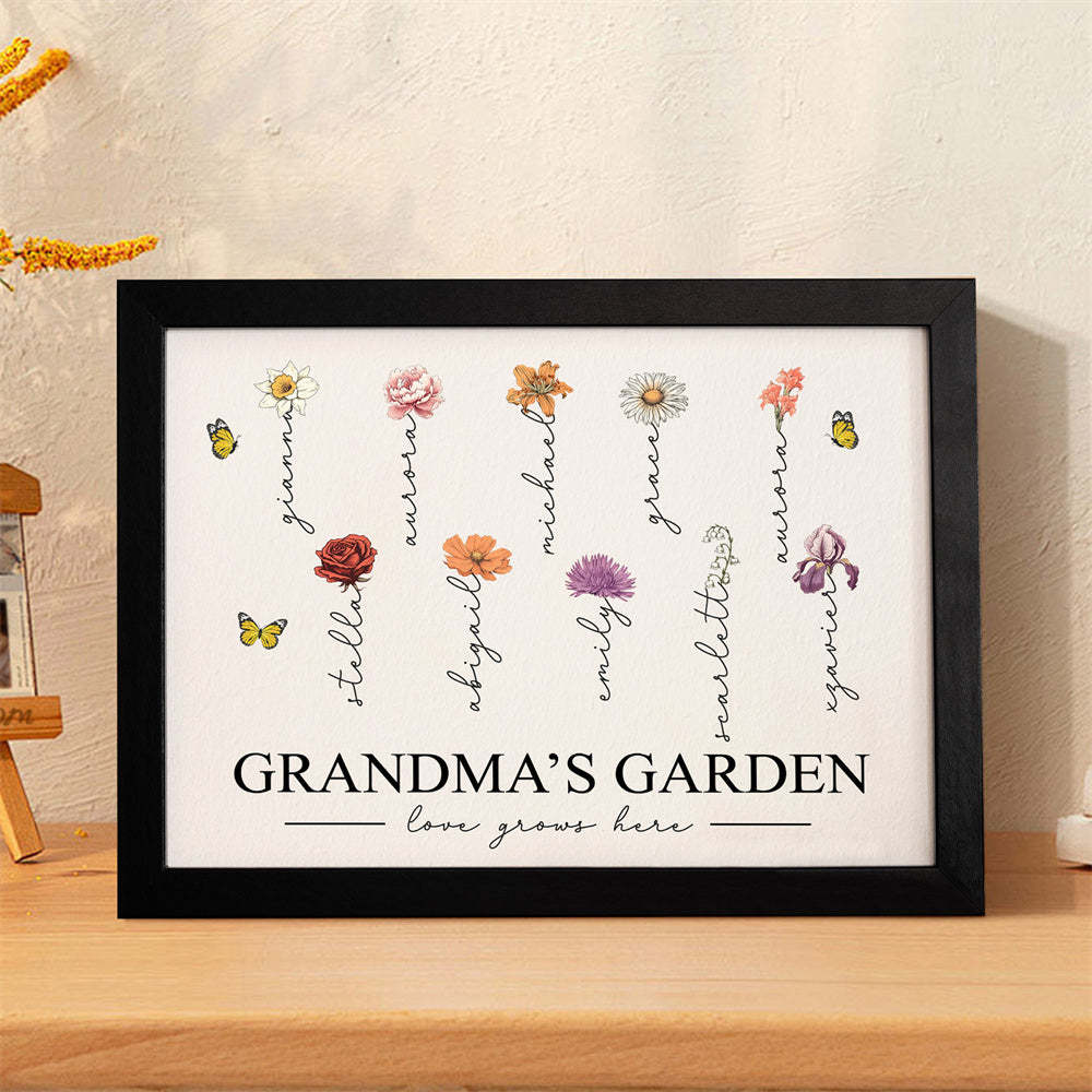 Custom Birth Month Flowers Garden With Grandkids Names Love Grows Here Personalized Wooden Photo Frame Mother's Day Gift - MyFaceBoxer