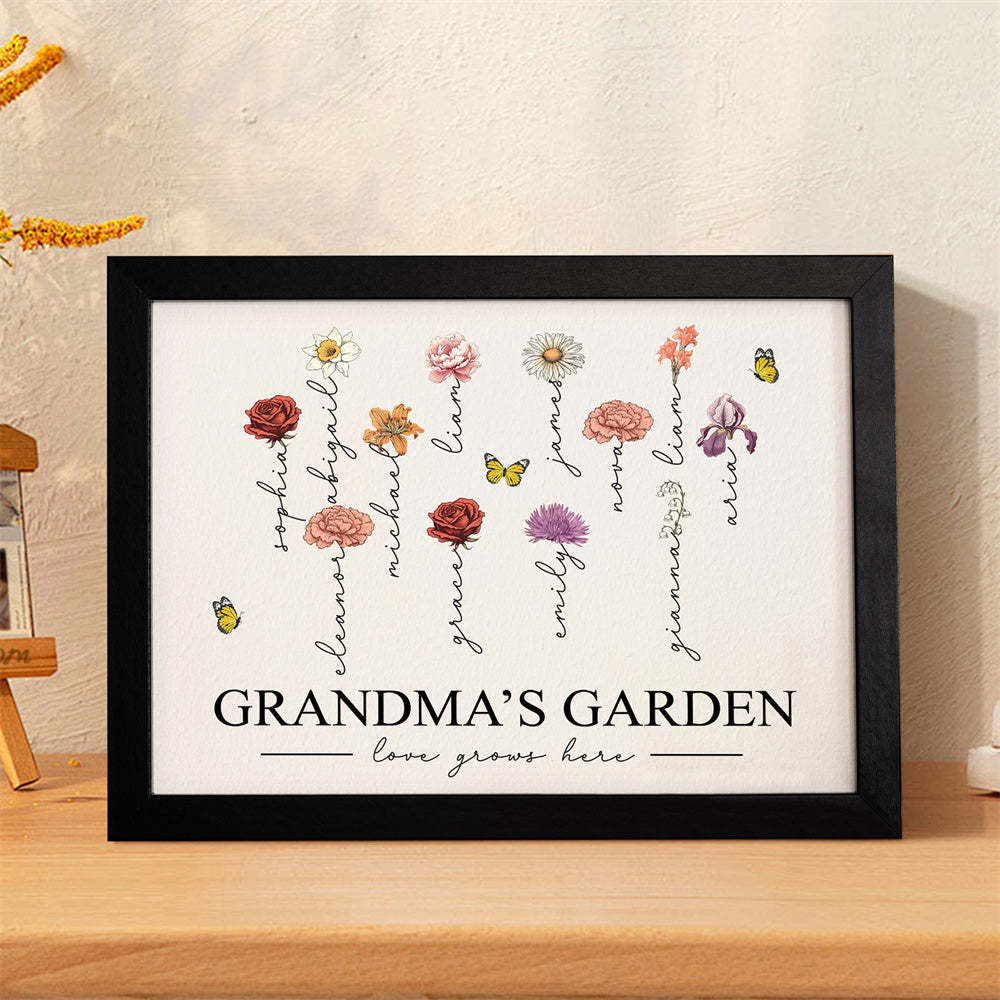 Custom Birth Month Flowers Garden With Grandkids Names Love Grows Here Personalized Wooden Photo Frame Mother's Day Gift - MyFaceBoxer