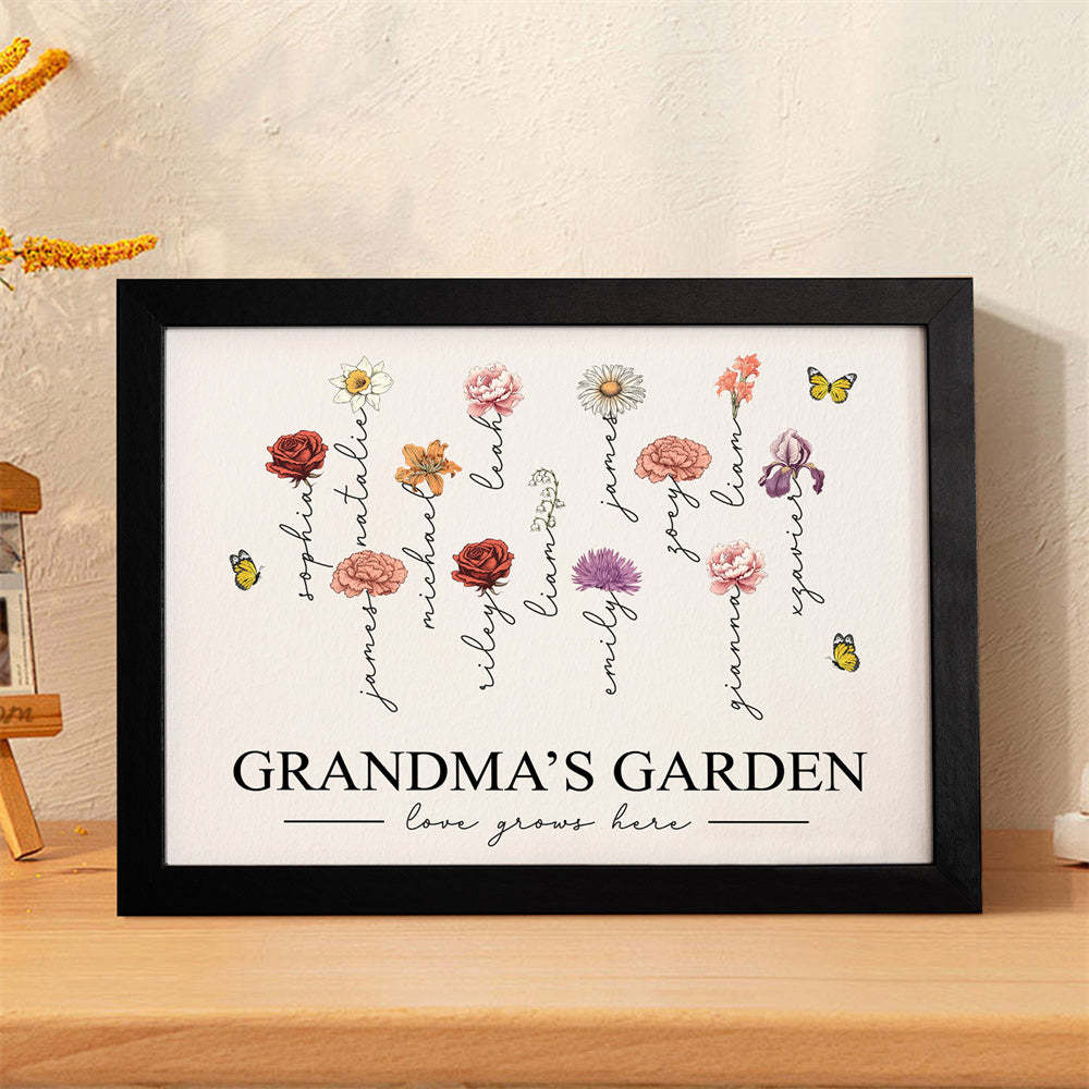 Custom Birth Month Flowers Garden With Grandkids Names Love Grows Here Personalized Wooden Photo Frame Mother's Day Gift - MyFaceBoxer