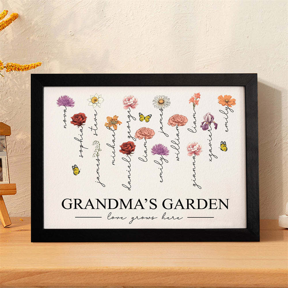 Custom Birth Month Flowers Garden With Grandkids Names Love Grows Here Personalized Wooden Photo Frame Mother's Day Gift - MyFaceBoxer