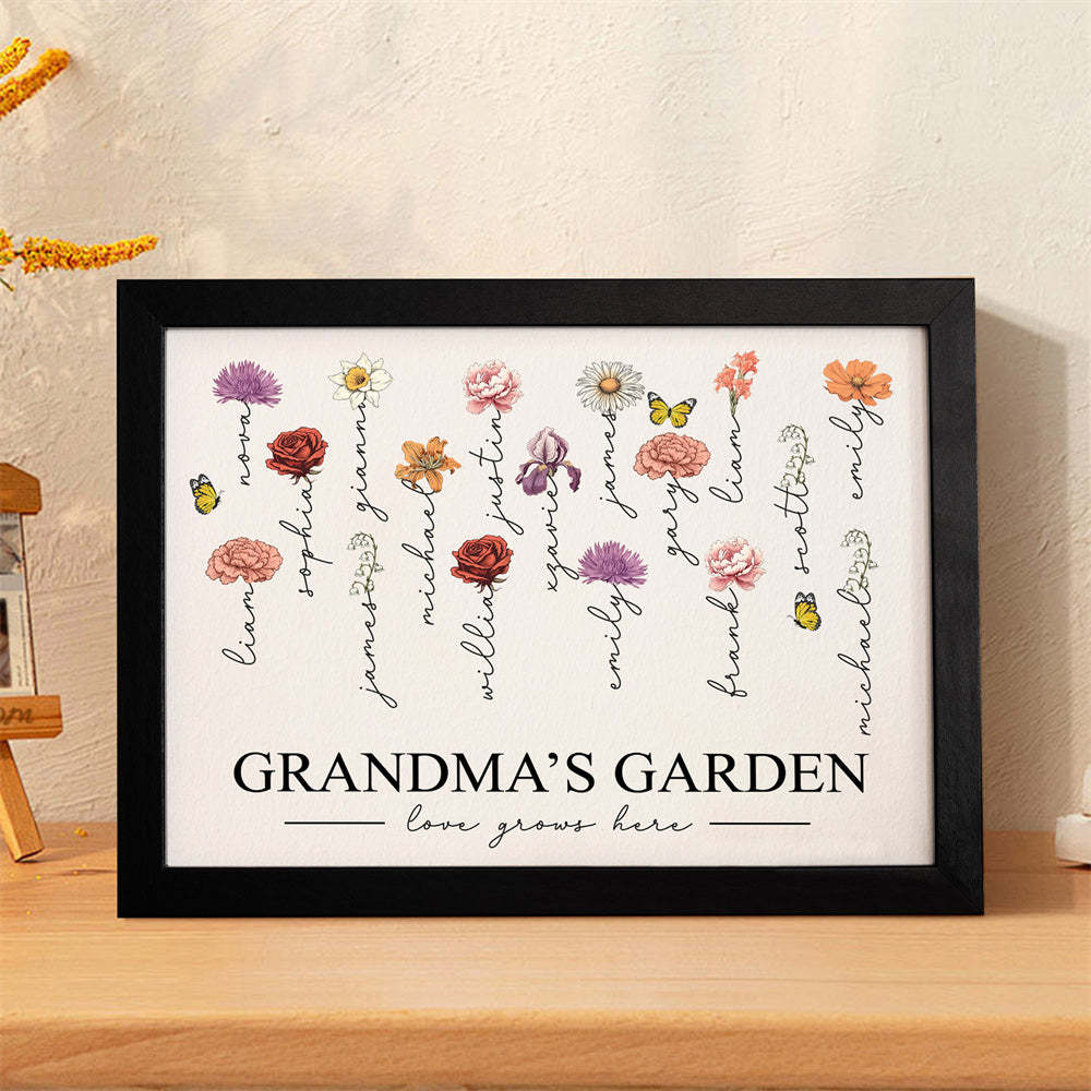 Custom Birth Month Flowers Garden With Grandkids Names Love Grows Here Personalized Wooden Photo Frame Mother's Day Gift - MyFaceBoxer