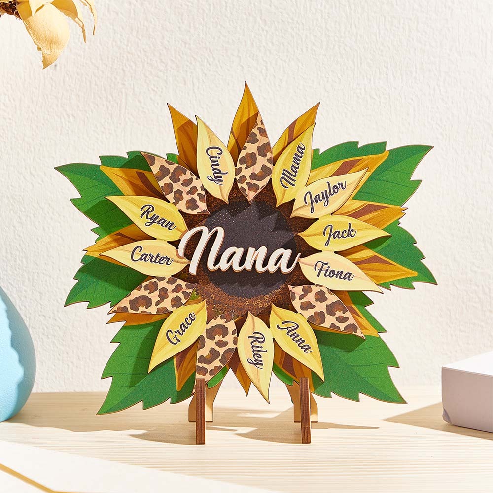Nana, Mom, Auntie Sunflower - Birthday, Loving Gift for Mom, Grandma Family Home Decor Personalized 2 Layered Wooden Plaque With Stand - MyFaceBoxer