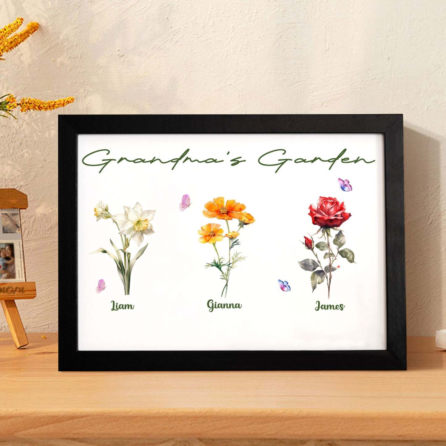 Custom Grandma's Garden Wooden Photo Frame Personalized Birth Flower Mother's Day Gift - MyFaceBoxer