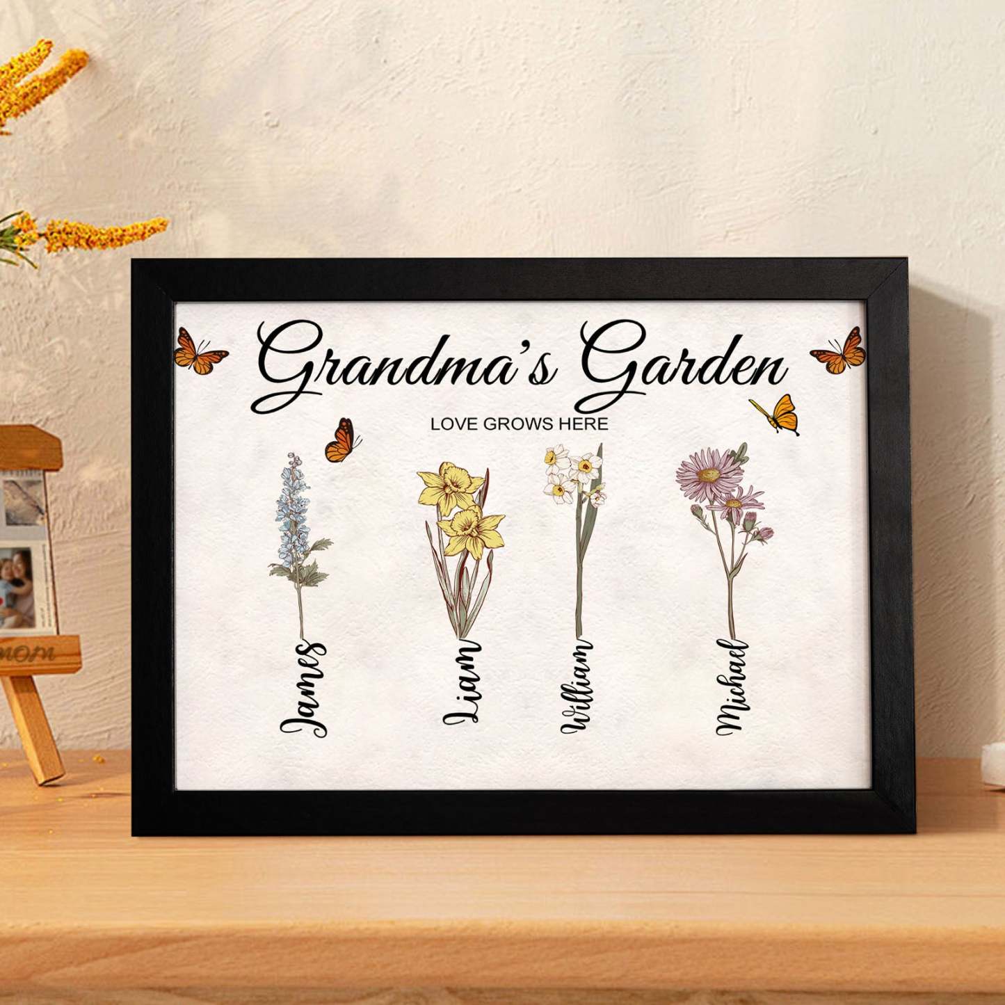 Custom Grandma's Garden Vintage Wooden Photo Frame Personalized Birth Flower Photo Frame Mother's Day Gift - MyFaceBoxer
