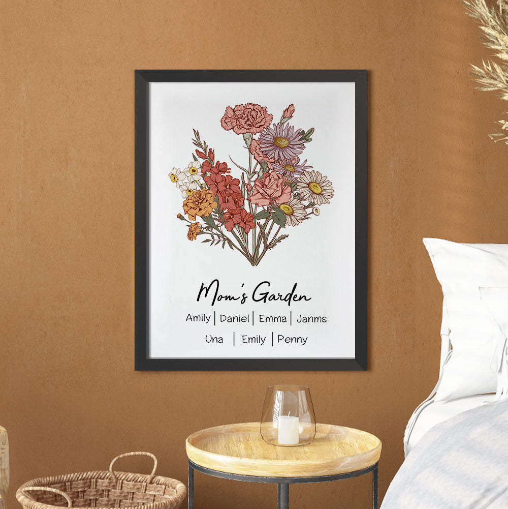 Personalized Birth flower Bouquet Black Names Frame Gift for Mom - MyFaceBoxer