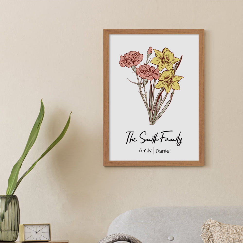 Personalized Birth flower Bouquet Beech Wood Names Frame Gift for Mom
