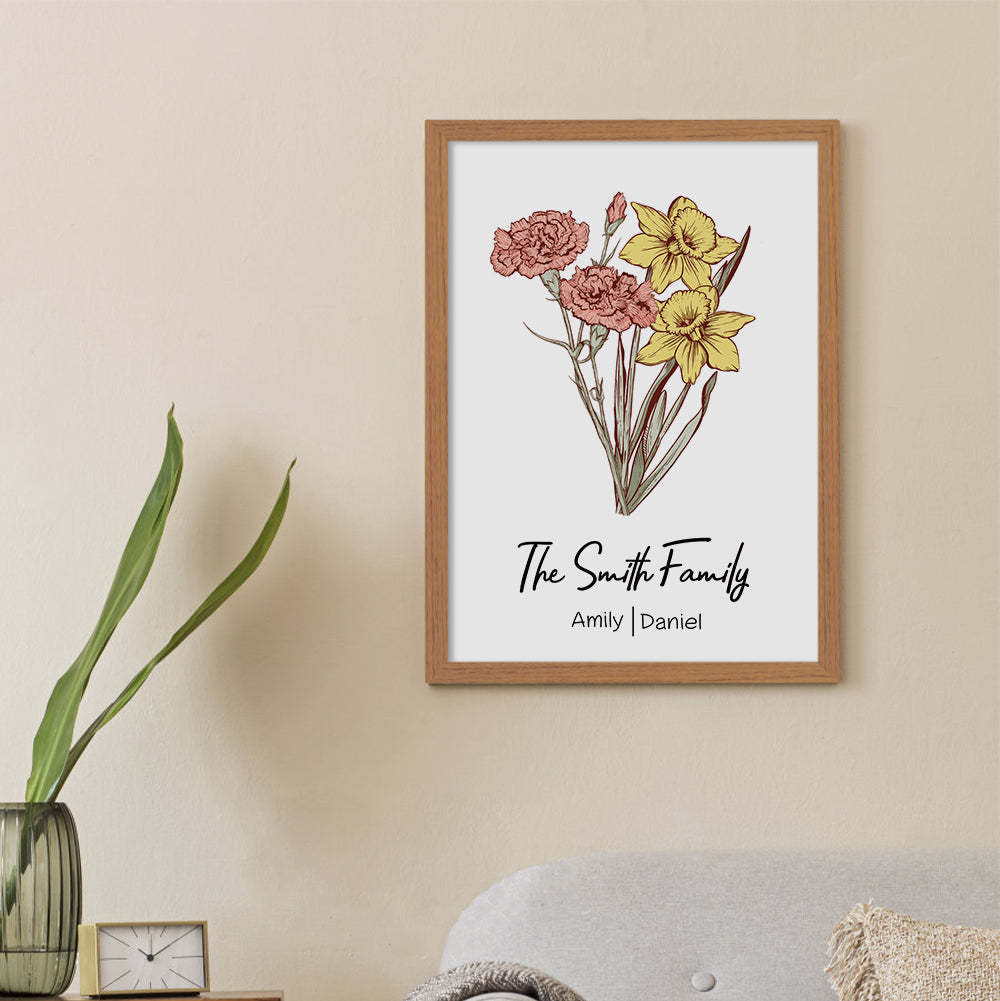 Personalized Birth flower Bouquet Beech Wood Names Frame Gift for Mom - MyFaceBoxer