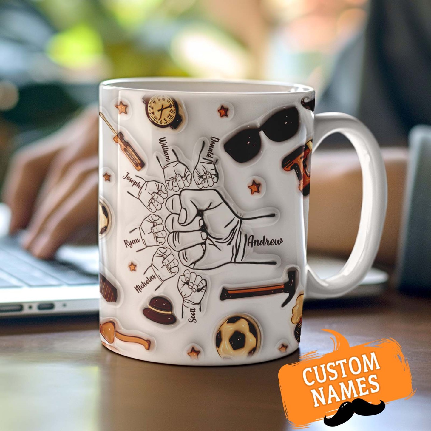 Father's Day Gifts Personalized 1-6 Kids Names Custom 3D Inflated Effect Printed Mug for Papa or Grandpa - GiftLabau