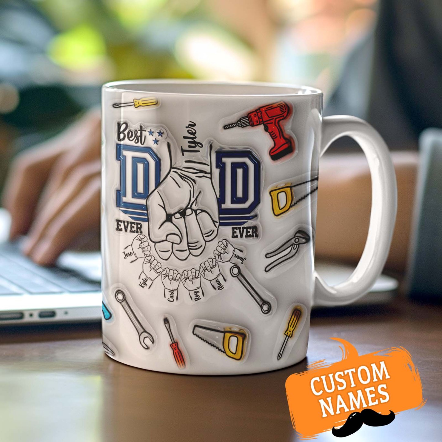 Father's Day Gifts Custom 1-6 Kids Personalized Names 3D Inflated Effect Printed Mug Best Dad Ever - GiftLabau