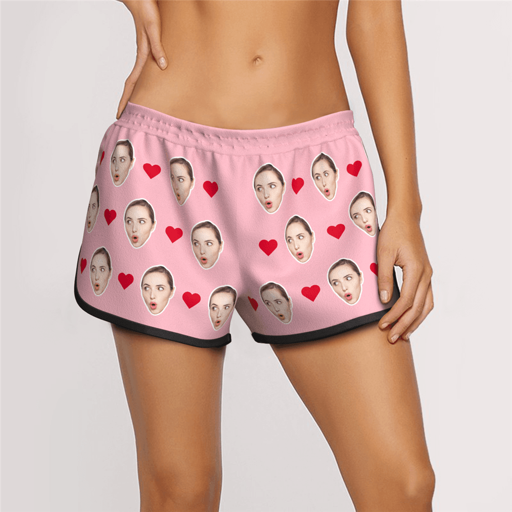 Women's Custom Heart Face Elastic Beach Short Pants - MyFaceBoxerAU