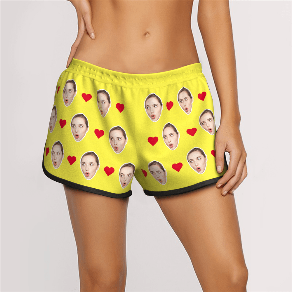 Women's Custom Heart Face Elastic Beach Short Pants - MyFaceBoxerAU