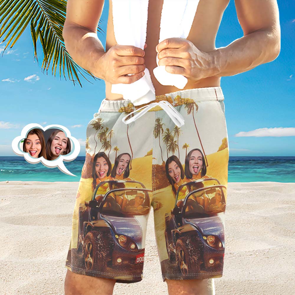 Men's Custom Face Beach Trunks All Over Print Photo Shorts - Driving on the Beach