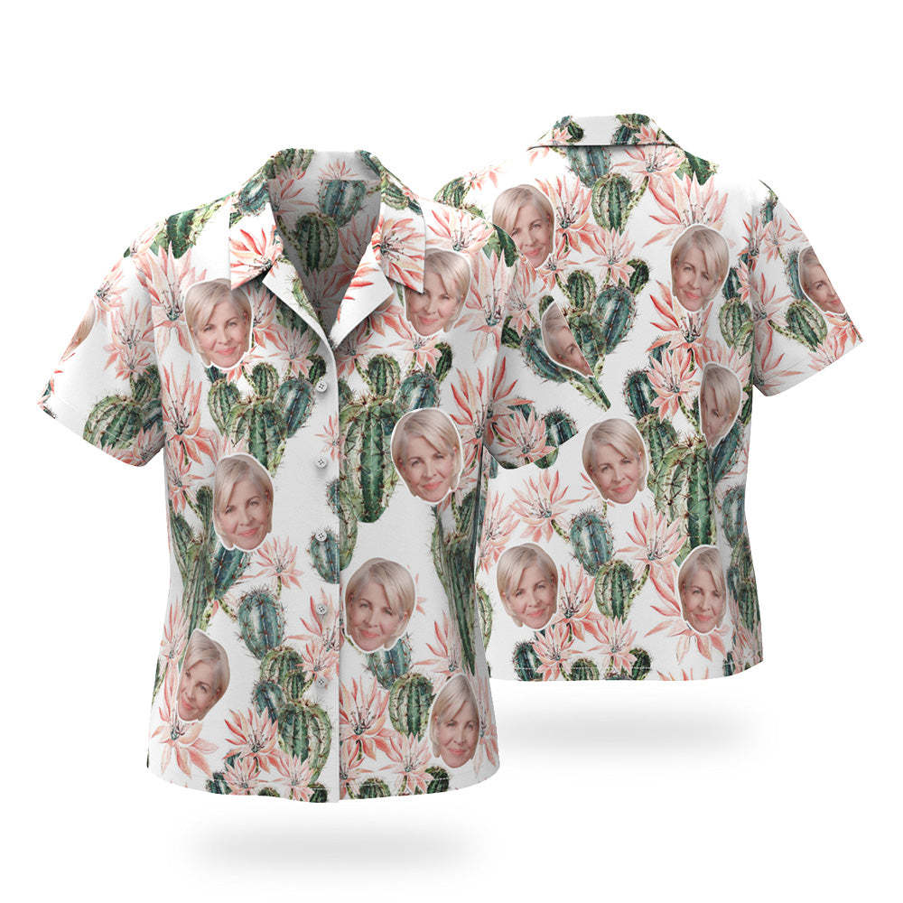Custom Face Hawaiian Shirt Flamingo Tropical Shirt For Women ALL Over Printed Green and Palm Leaves - MyFaceBoxer
