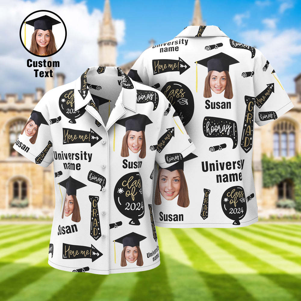 Custom Graduation Hawaiian Shirt with Face and University Name Personalized Graduation Party Women's Aloha Shirts - MyFaceBoxer