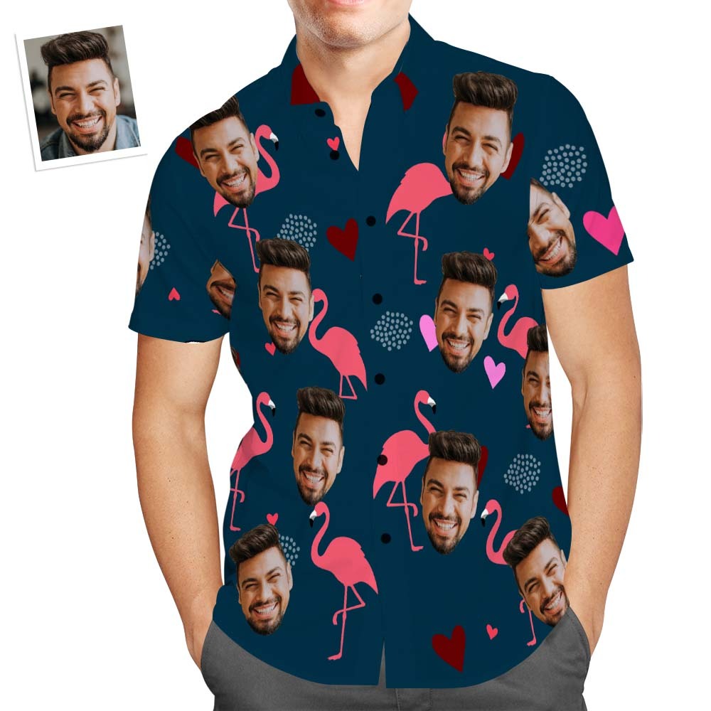 Custom Face Flamingo and Heart Men's All Over Print Aloha Hawaiian Shirt - MyFaceBoxerAU