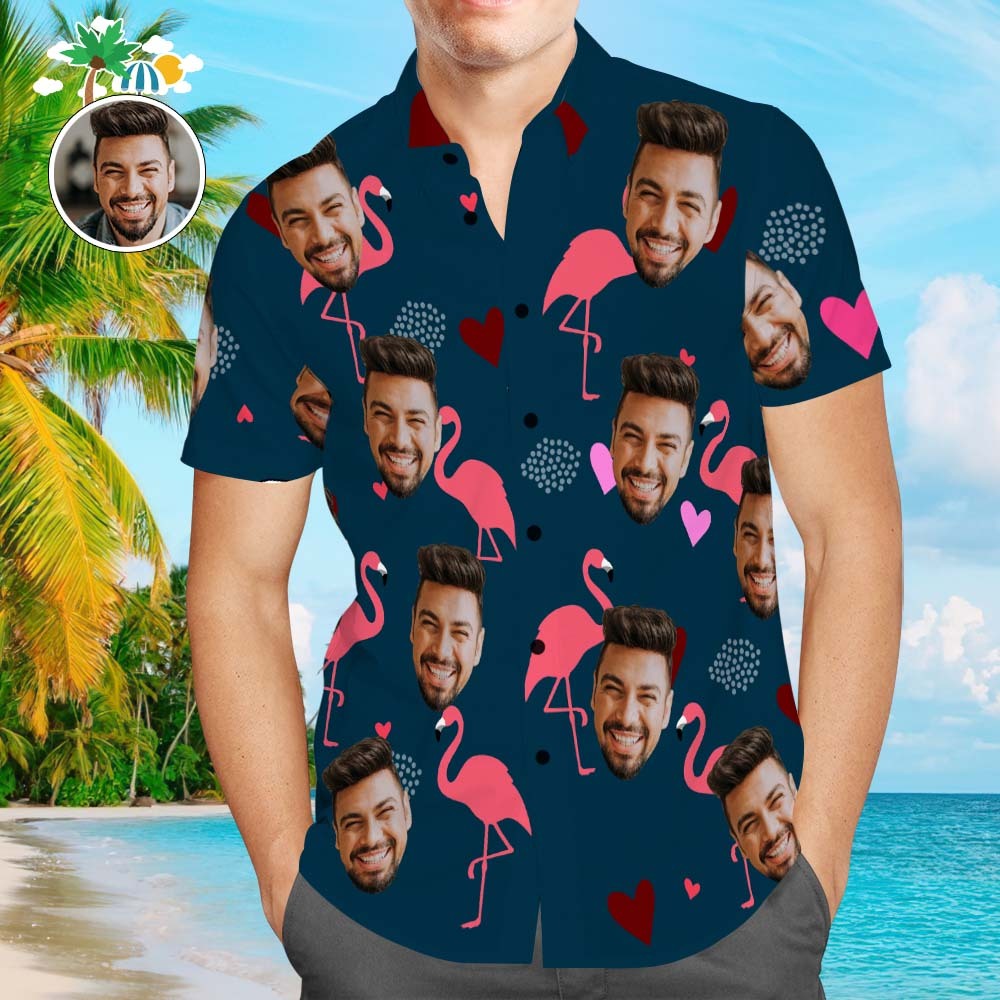 Custom Face Flamingo and Heart Men's All Over Print Aloha Hawaiian Shirt - MyFaceBoxerAU