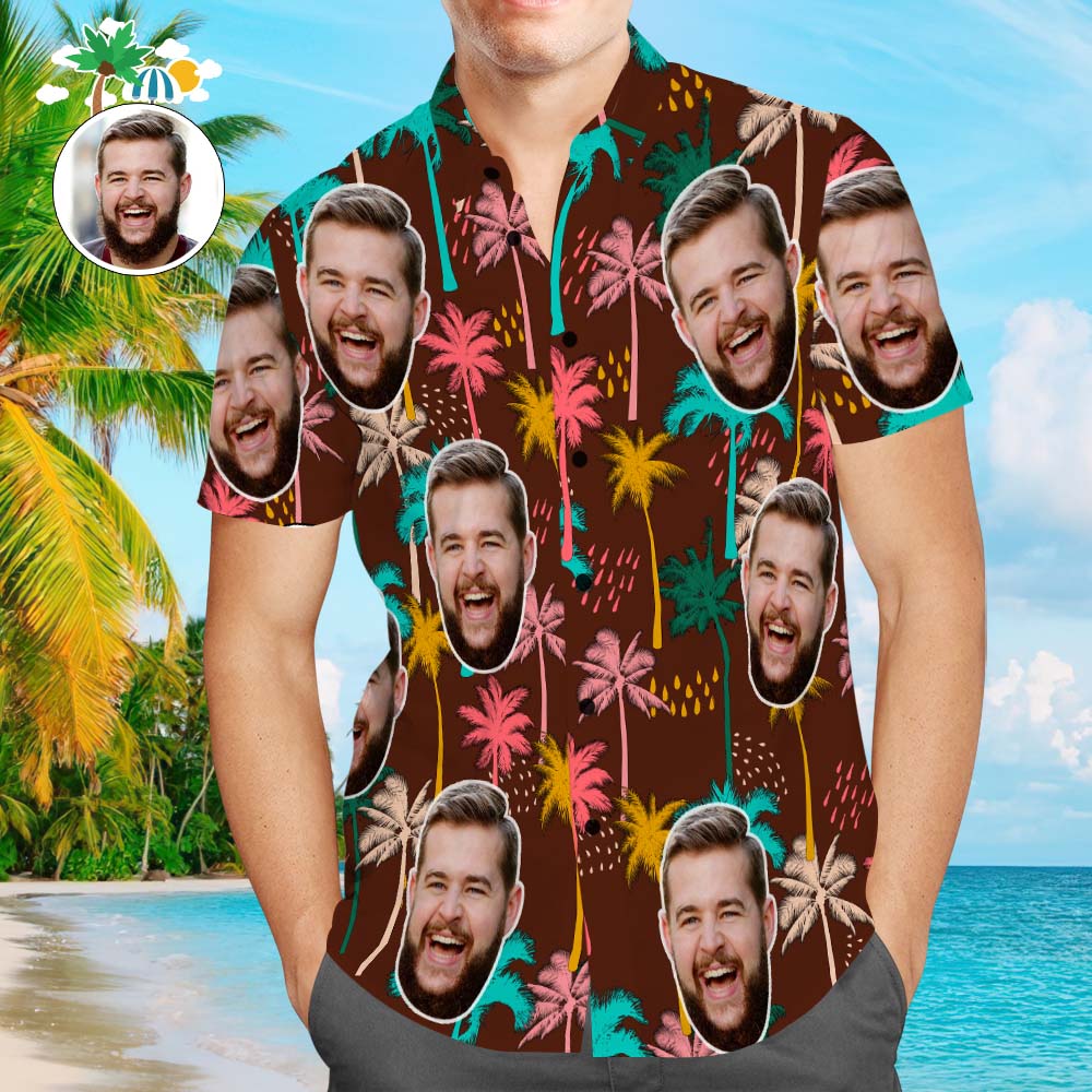 Custom Face Men's All Over Print Aloha Hawaiian Shirt Colorful Palm Trees