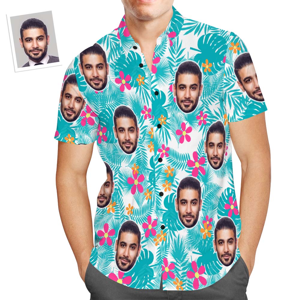 Custom Face Men's All Over Print Aloha Hawaiian Shirt Cute Flowers and Leaves