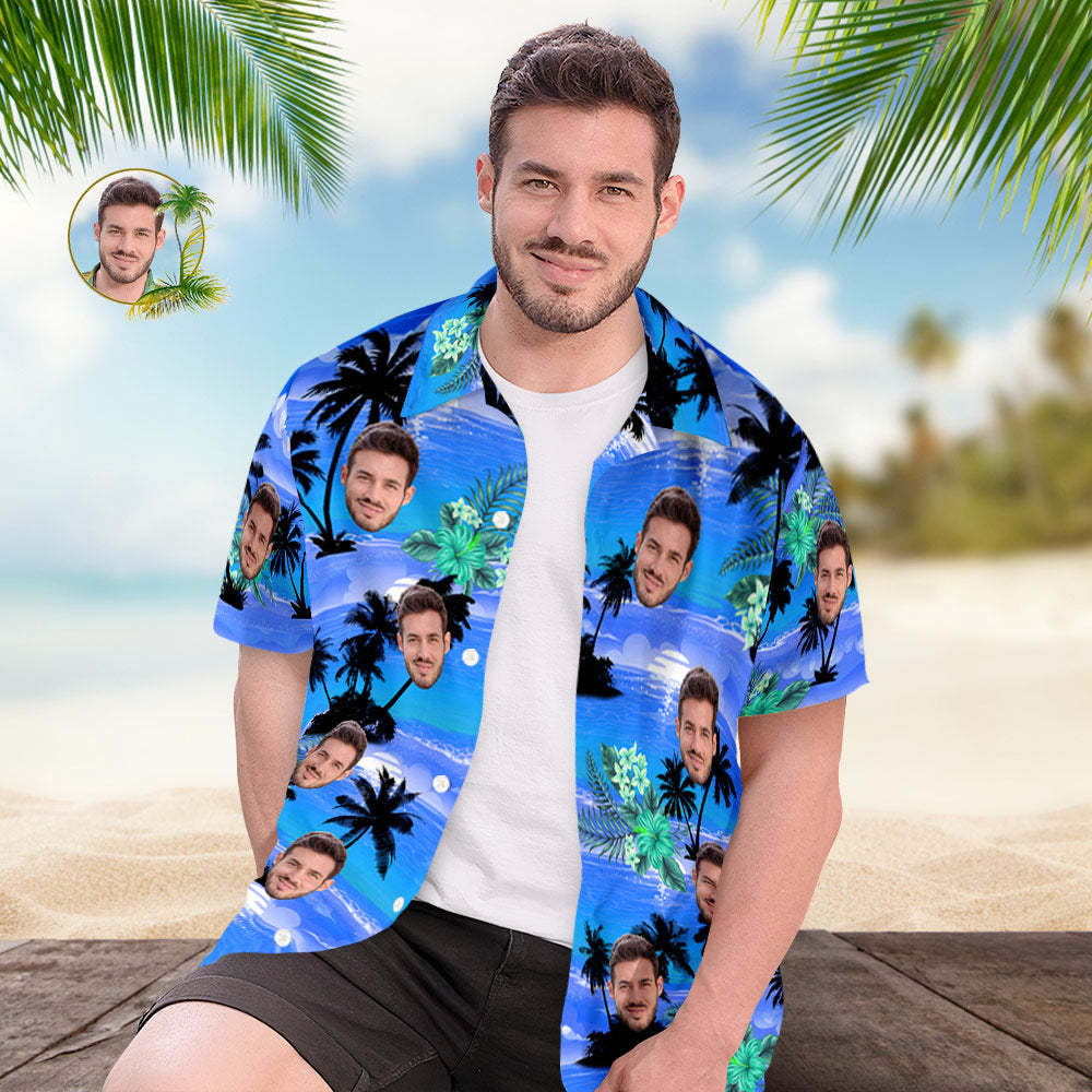Custom Face Hawaiian Shirt Men's Popular All Over Print Hawaiian Beach Shirt Holiday Gift - Blue Coast - MyFaceBoxerAU