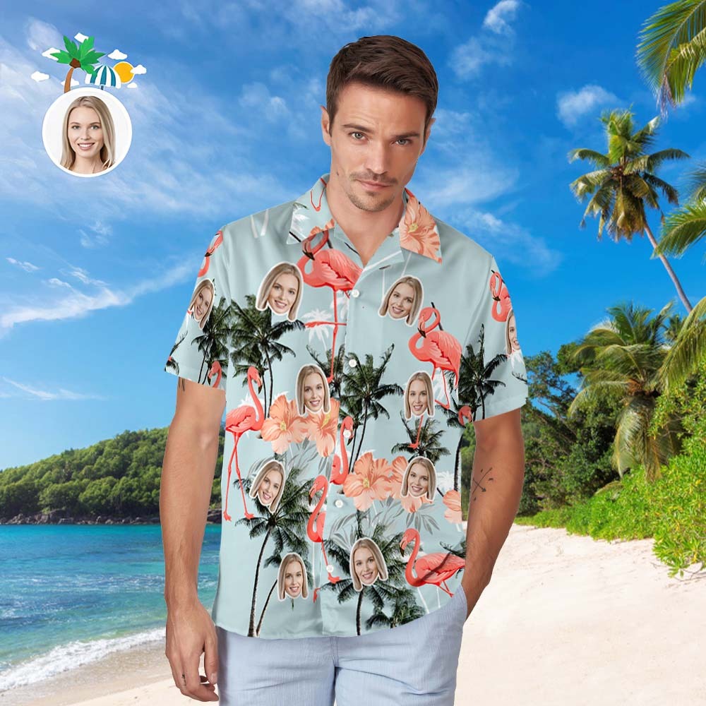Custom Face Hawaiian Shirt Men's Popular All Over Print Hawaiian Beach Shirt Holiday Gift - Flamingos and Coconut Trees - MyFaceBoxerAU