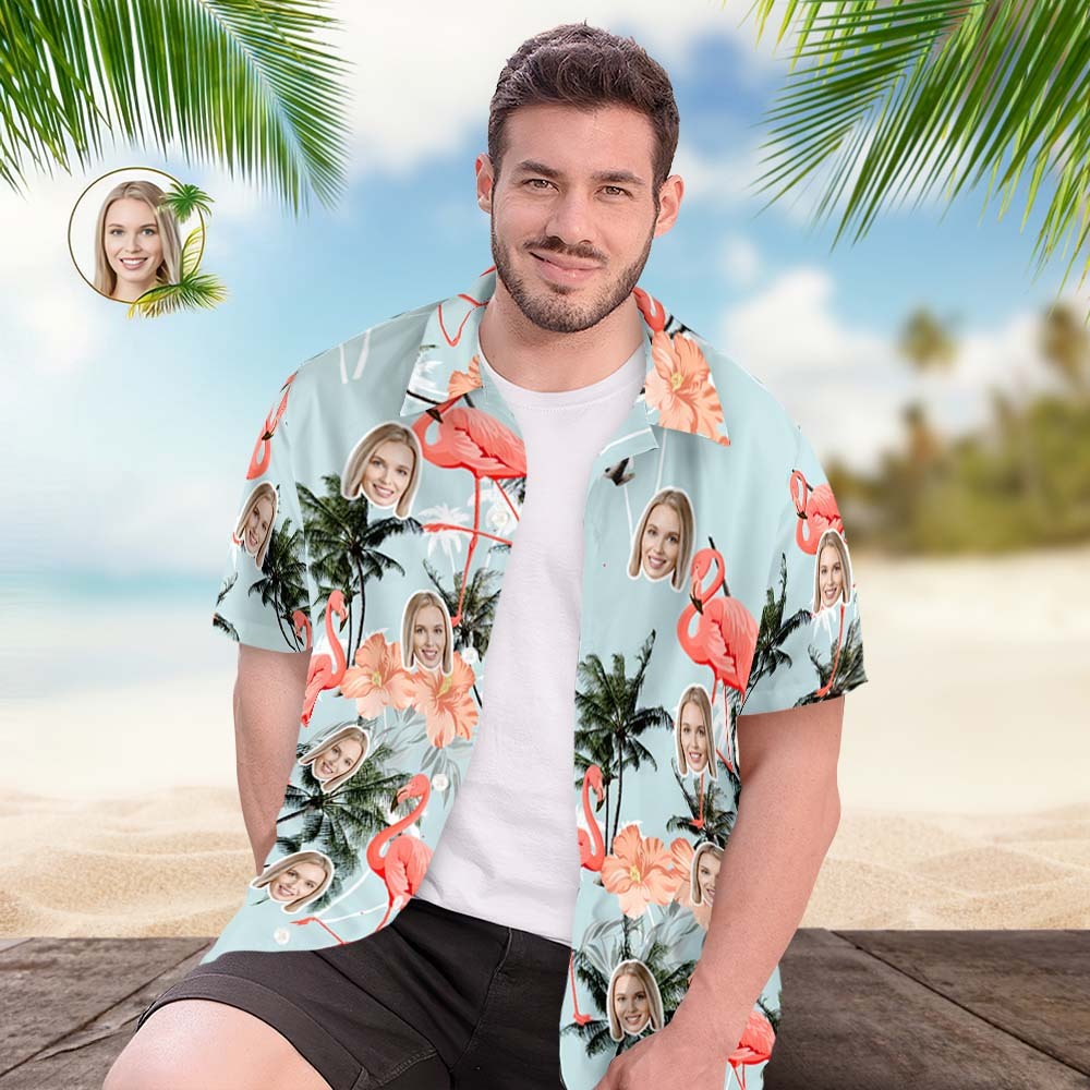 Custom Face Hawaiian Shirt Men's Popular All Over Print Hawaiian Beach Shirt Holiday Gift - Flamingos and Coconut Trees - MyFaceBoxerAU