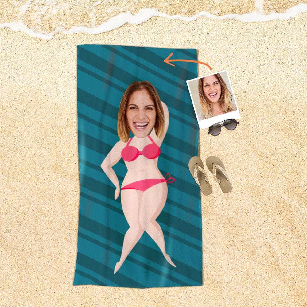 Custom Face Beach Towel Personalized Sexy Pink Bikini Beauty Style Beach Towel Funny Gift for Summer - MyFaceBoxer