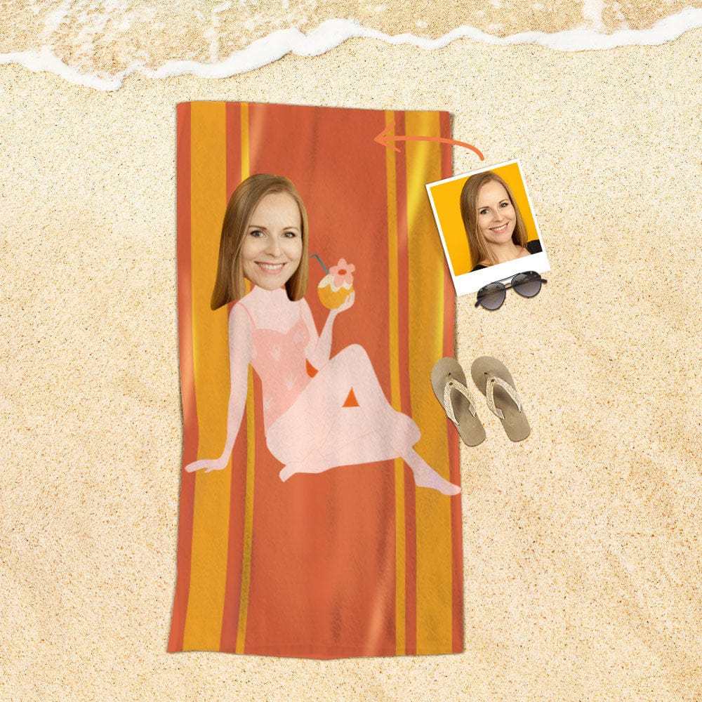 Custom Face Beach Towel Personalized Girl with Coconut Milk Beach Towel Funny Gift for Summer - MyFaceBoxer