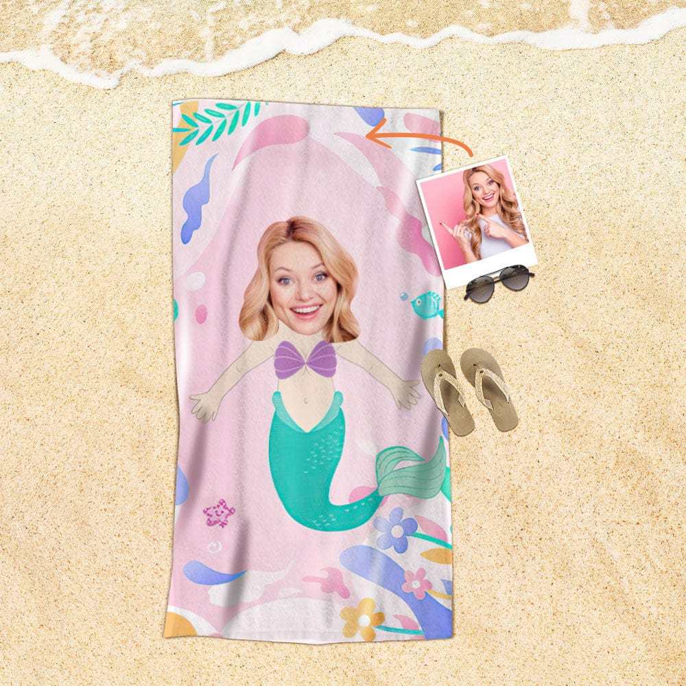 Custom Face Beach Towel Personalized Pretty Mermaid Style Beach Towel Funny Gift for Summer - MyFaceBoxer