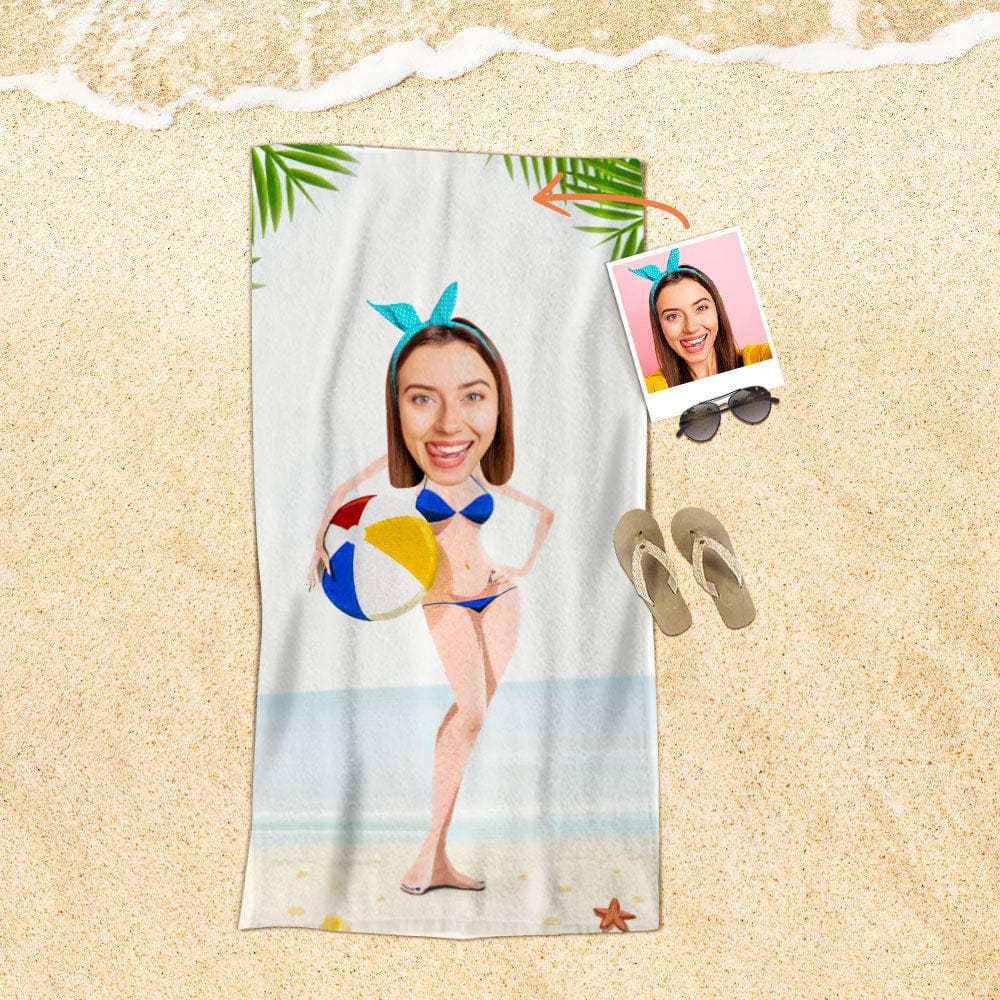 Custom Face Beach Towel Personalized Holding Ball Bikini Beauty Style Beach Towel Funny Gift for Summer - MyFaceBoxer