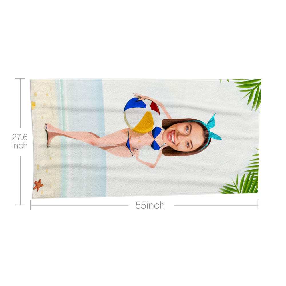 Custom Face Beach Towel Personalized Holding Ball Bikini Beauty Style Beach Towel Funny Gift for Summer - MyFaceBoxer
