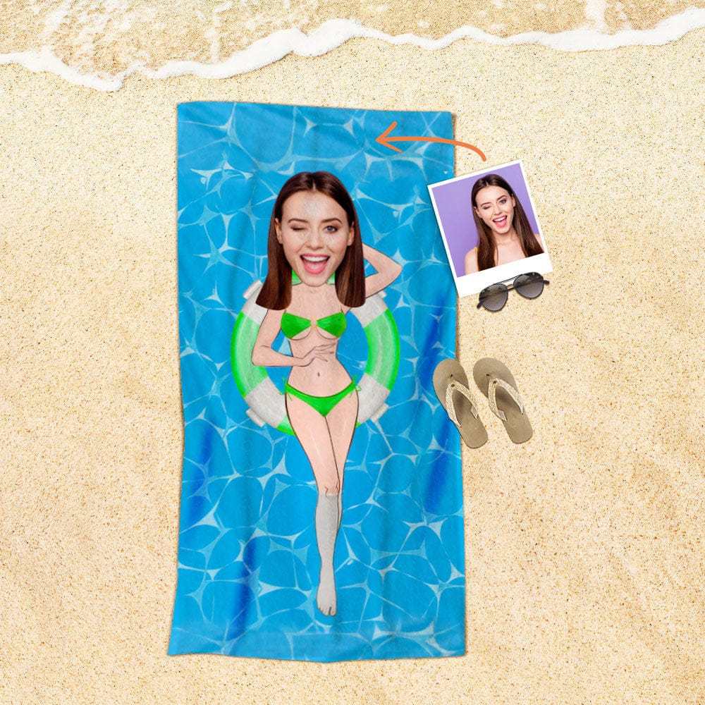 Custom Face Beach Towel Personalized Green Bikini Girl Beach Towel Funny Gift for Summer - MyFaceBoxer