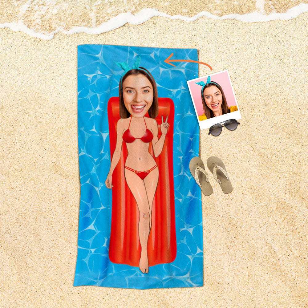 Custom Face Beach Towel Personalized Red Bikini Style Beach Towel Funny Gift for Summer - MyFaceBoxer
