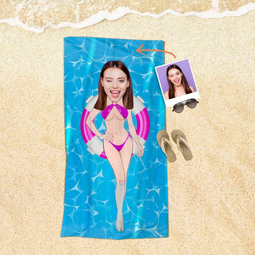 Custom Face Beach Towel Personalized Purple Bikini Style Beach Towel Funny Gift for Summer - MyFaceBoxer