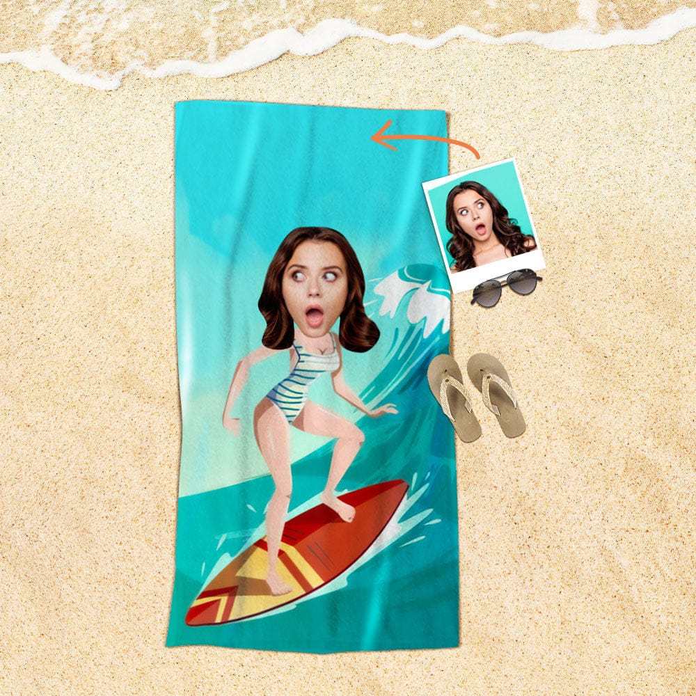 Custom Face Beach Towel Personalized Surf Girl Style Beach Towel Funny Gift for Summer - MyFaceBoxer