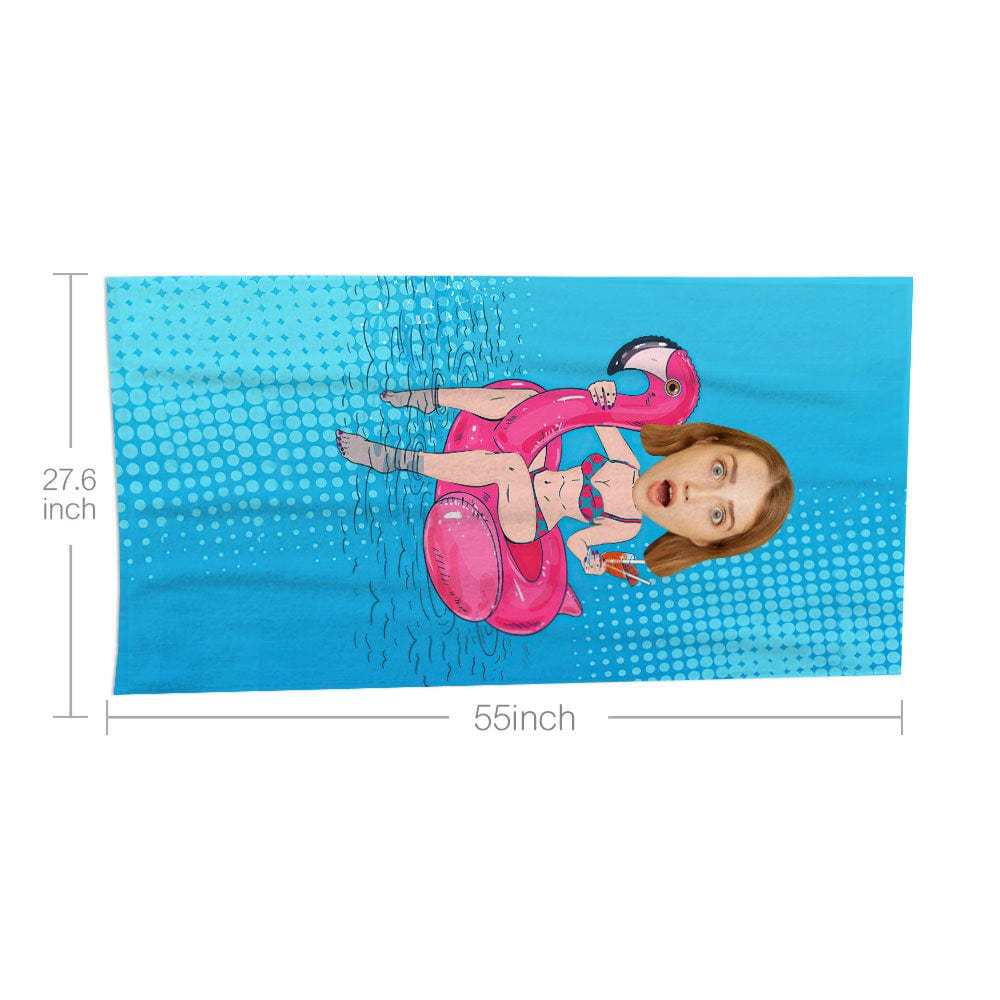Custom Face Beach Towel Personalized Flamingo Swim Ring Bikini Girl Beach Towel Funny Gift for Summer - MyFaceBoxer