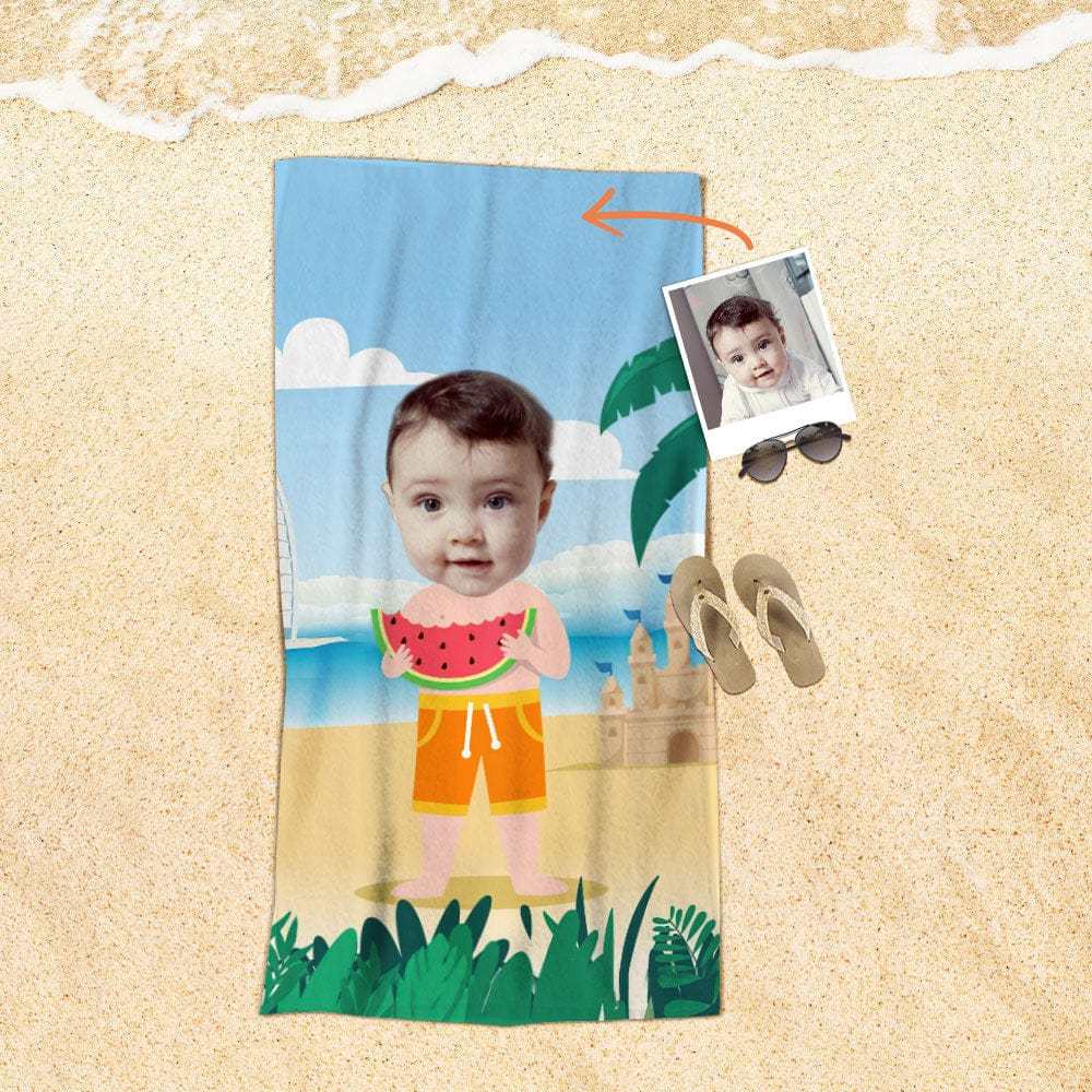Custom Face Beach Towel Personalized Watermelon Boy Beach Towel Funny Gift for Summer - MyFaceBoxer
