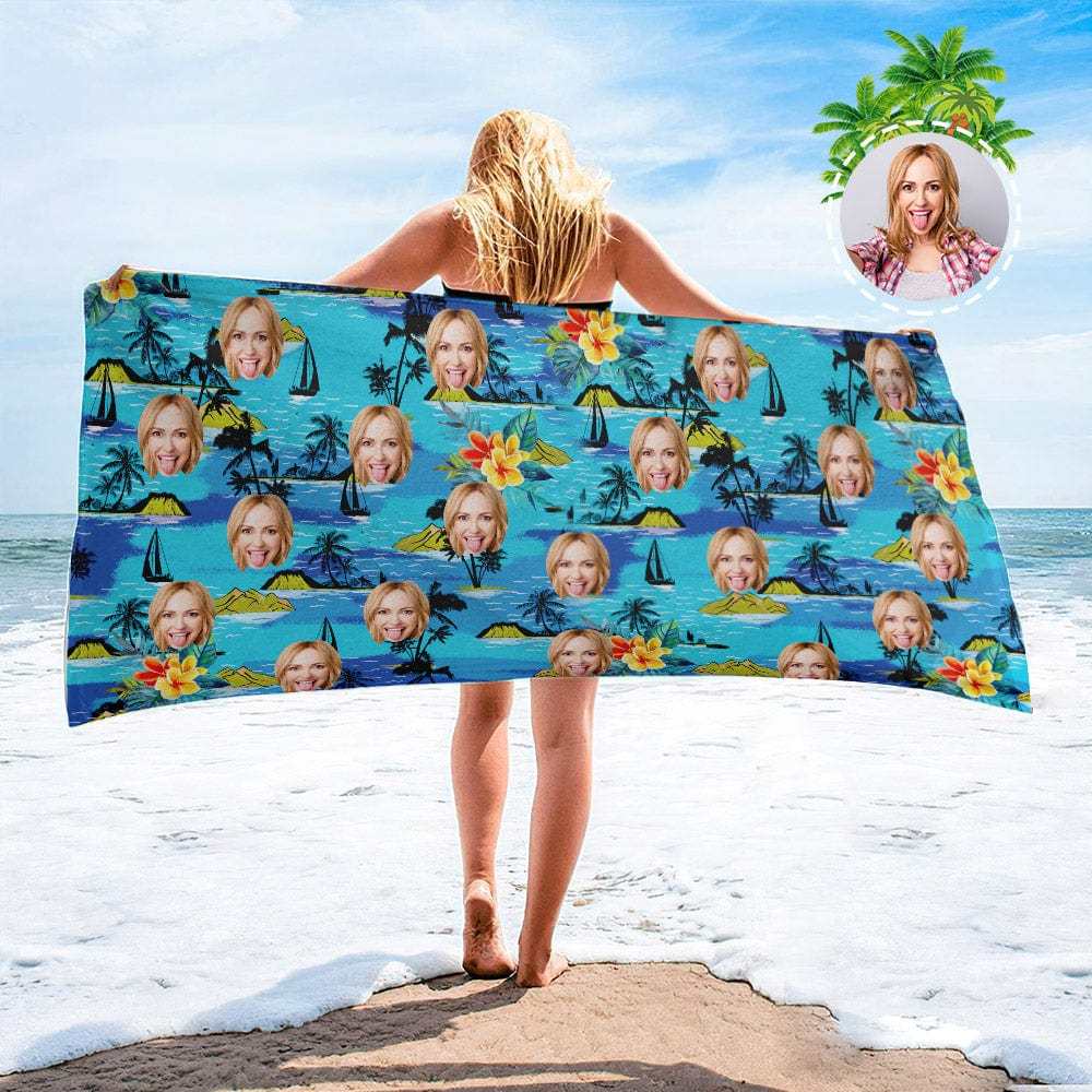 Personalized Beach Towels with Photo Custom Sunset and Coconut Trees Beach Towel - MyFaceBoxer