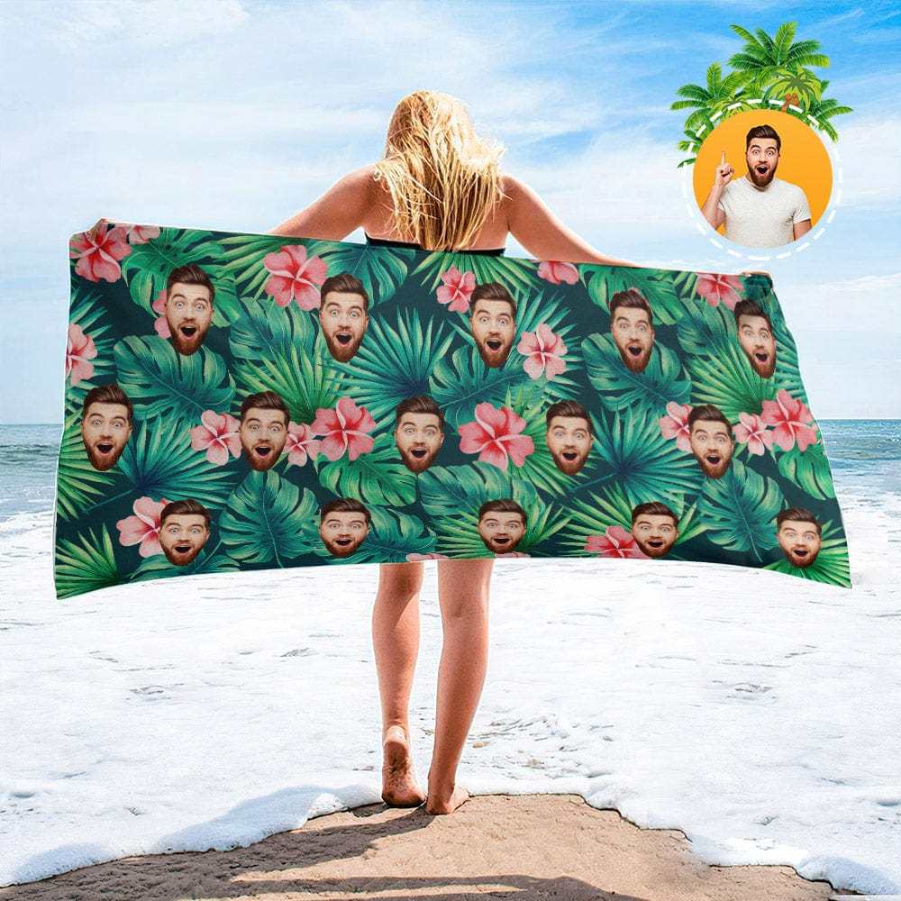 Personalized Beach Towels with Photo Custom Sunset and Coconut Trees Beach Towel - MyFaceBoxer