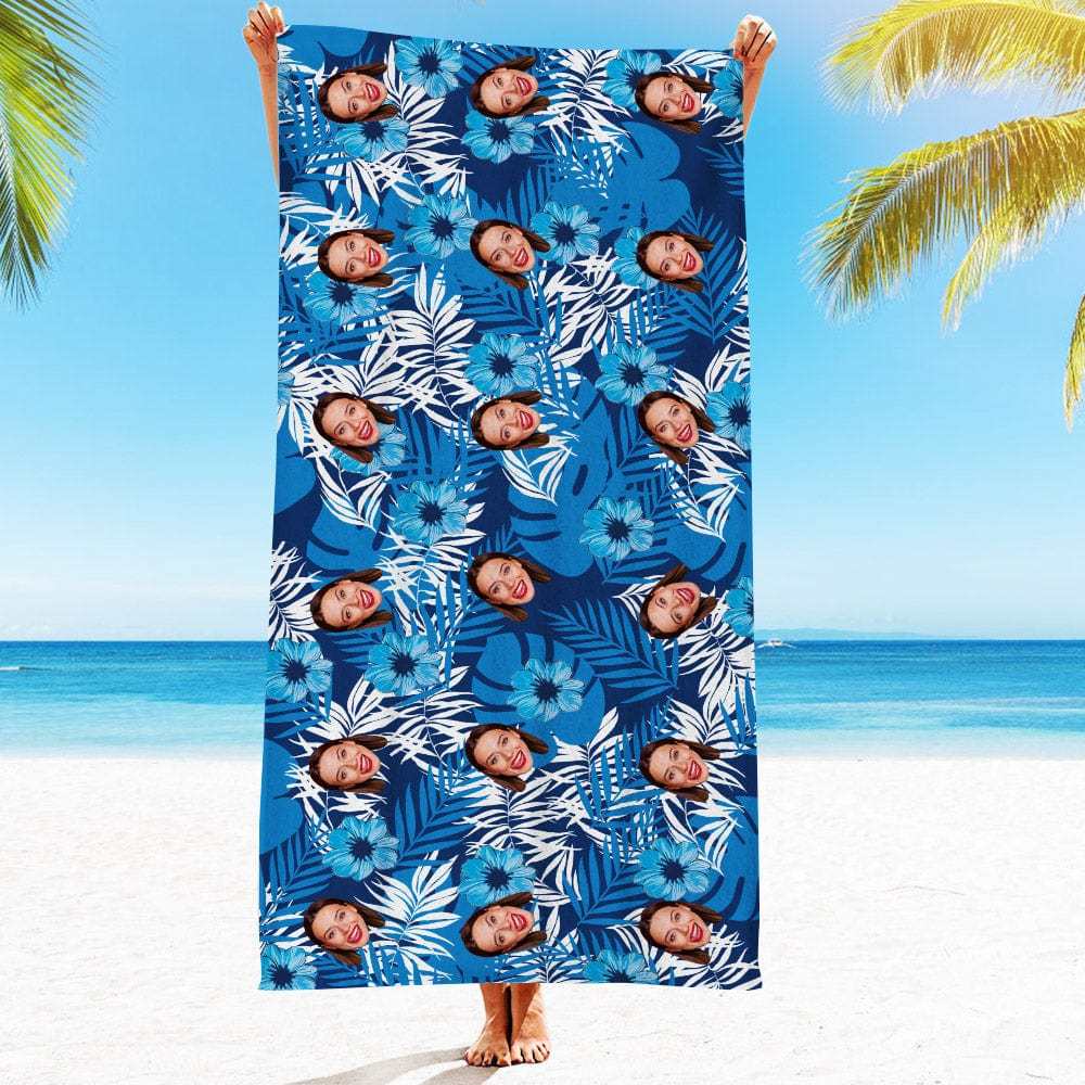 Personalized Beach Towels with Photo Custom Blue Flowers and Leaves Beach Towel - MyFaceBoxer