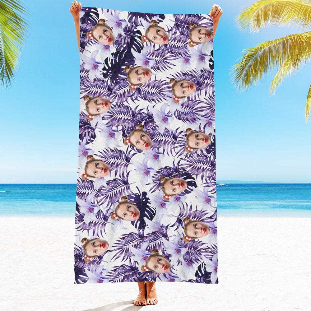 Personalized Beach Towels with Photo Custom Purple Rainforest Leaves Beach Towel - MyFaceBoxer